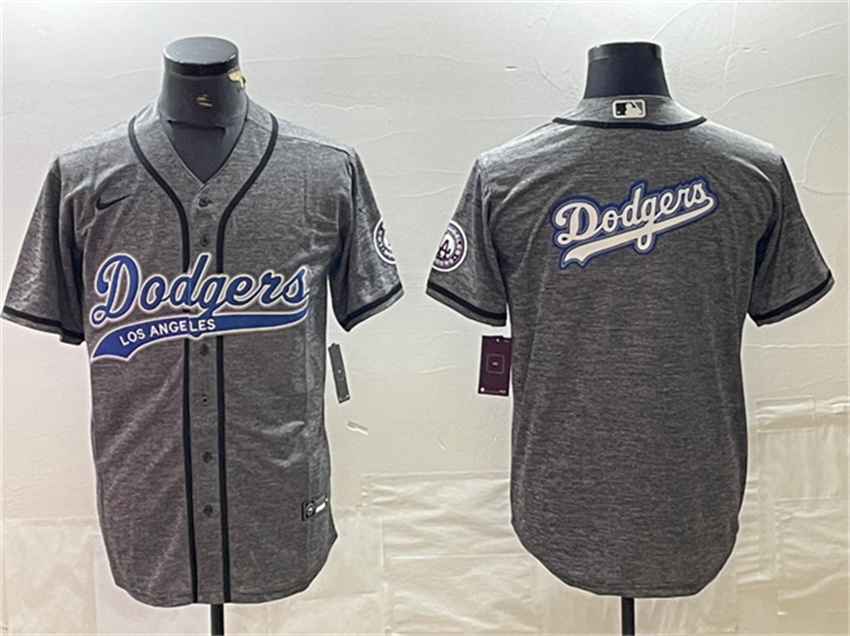 Men's Grey Los Angeles Dodgers Team Big Logo Cool Base With Patch Stitched Baseball Jersey